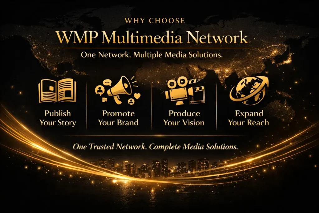 WMP Multimedia Network – One Network, Multiple Media Solutions featuring four services: Publish Your Story, Promote Your Brand, Produce Your Vision, and Expand Your Reach