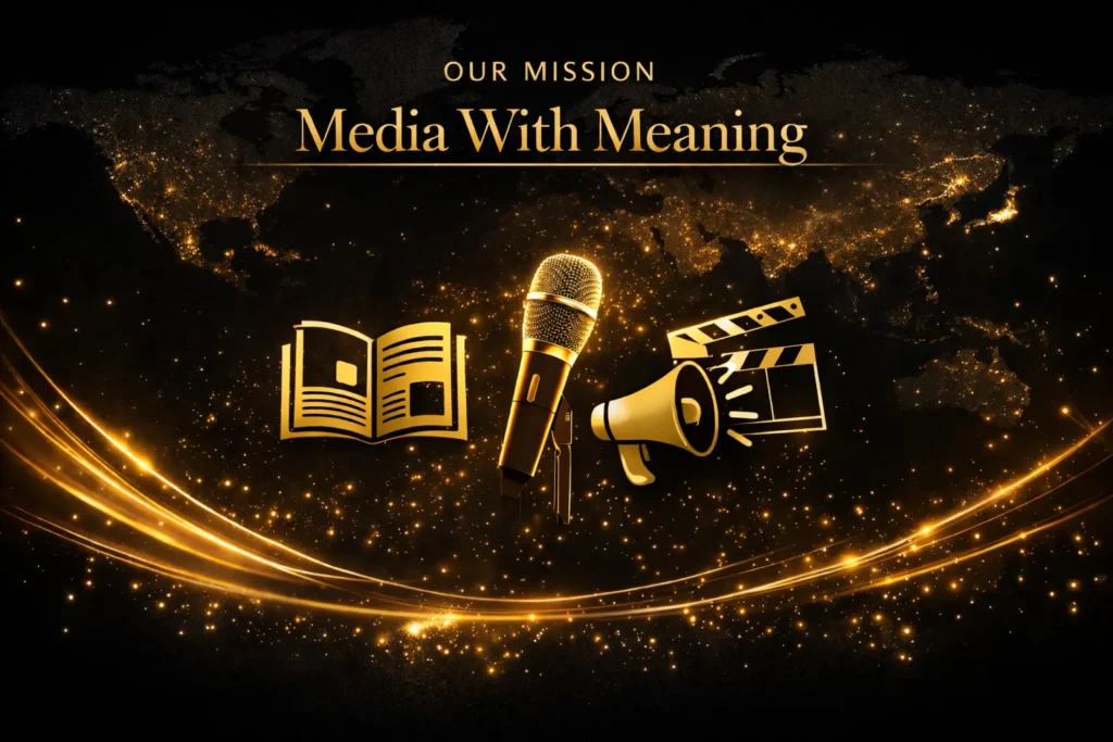 WMP Multimedia Network Our Mission – Media With Meaning, featuring gold icons of a book, microphone, megaphone, and film clapperboard against a dark world map background