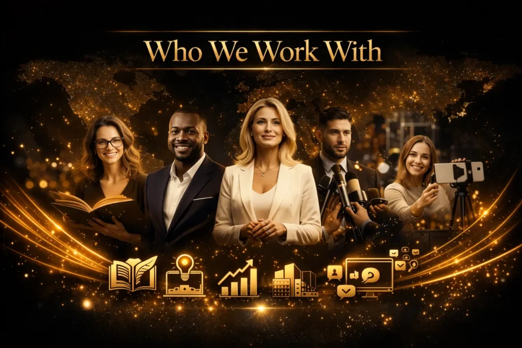 WMP Multimedia Network Our Mission – Media With Meaning, featuring gold icons of a book, microphone, megaphone, and film clapperboard against a dark world map background